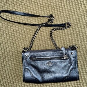 Coach Metallic Navy Leather Crossbody Bag with Chrome Chain Strap